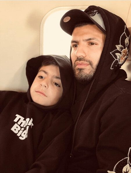 Benjamin Aguero Maradona With Father Sergio On a Plane Wearing Black Hoodie